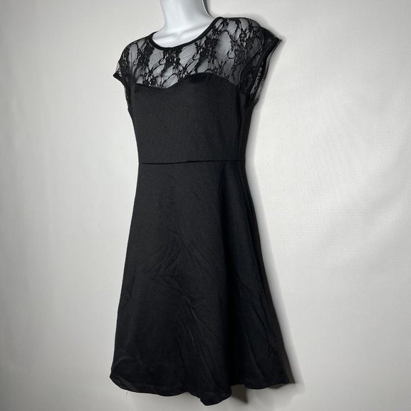 Rock Steady Retro Black Stretch Jersey Floral Mesh Lace Fit Flare Dress - Picture 7 of 8